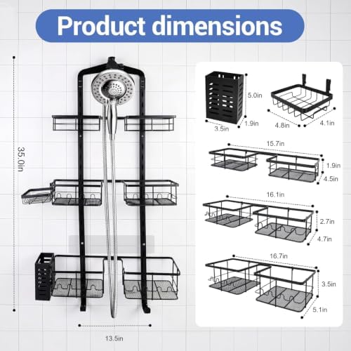Extra Large Shower Caddy Hanging, Rust-Resistant Shower Organizer Hanging, 3 Tier Height-Adjustable Over the Head Caddy, Rack with Soap Basket (Black) - Image 7