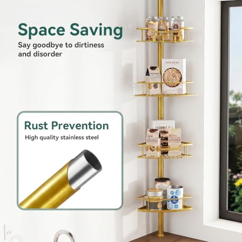 Corner Shower Caddy Tension Pole, 4 Tier Rustproof Shower Tension Rod Organizer, Adjustable 25-125 Inch Bathroom Shower Organizer Shelves for Bathtub Shampoo Storage, Gold - Image 3