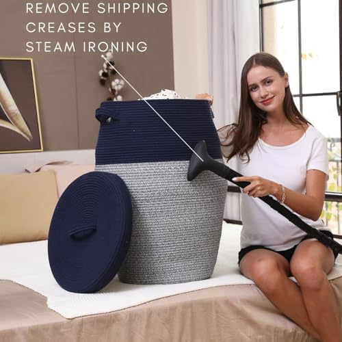26"x20" Handcrafted Tall Cotton Rope Basket with Lid, Stylish Flagon Shape with Cover, Clothes Hamper with Top, for Bedroom and Living Room, Dark Blue Mix - Image 4