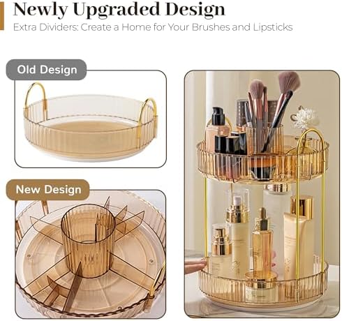 Aveniee 360 Rotating Makeup Organizer for Vanity, Upagraded Perfume Skincare Bathroom Counter Organizers with Brush Divider, Two Tier Spinning Lipstick CosmeticLotion Storage,Gold - Image 2