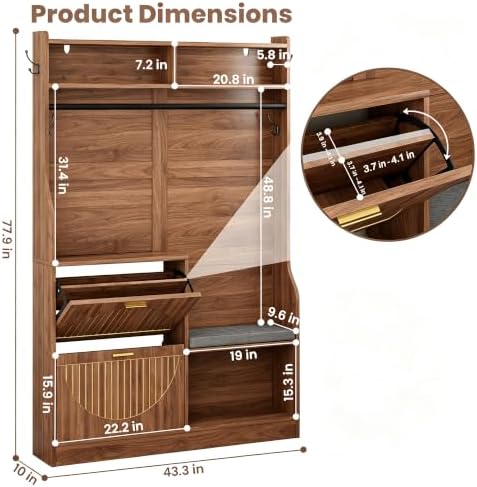 43.3" Hall Tree with Shoe Storage, Entryway Coat Rack with Flip Drawers Shoe Cabinets, Padded Shoe Changing Bench, Metal Hanging Rod & Hooks, Fluted Grain Accent Entryway Organizer for Hallway - Image 2