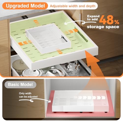 Pull out Cabinet Organizer Expandable W(12"-20") and D(16"-22"), No Drill Adjustable Slide Out Drawers With 3 Slide Rails, 2Pcs Magnetic Panel, Adhesive Roll out Shelves for Kitchen, Cabinets, Pantry - Image 2