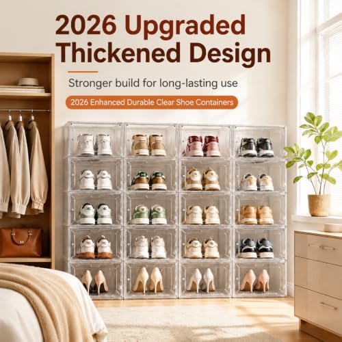 Clear Shoe Storage Boxes,2026 2nd Gen Thickened Hard Plastic Stackable Organizer with Magnetic Door,Folding Shoe Racks for Closet,Large Sneaker Display Cases for Sneakers and Ankle Boots,6 PCS - Image 3
