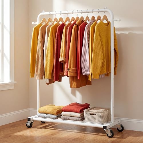 Sywhitta Metal Clothing Rack on Wheels with Mesh Shelf, for Clothes,White - Image 5
