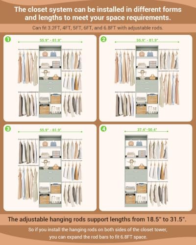 Small Closet System, 3.2-6.8FT Small Closet Organizer with 2 Wooden Drawers & 5 Hanging Rods, Can Fit 37.5 to 81.9 inch Walk-in Closet System, Built-in, Crab Green, Enclosed Storage Volume 2.32 ft³ - Image 4