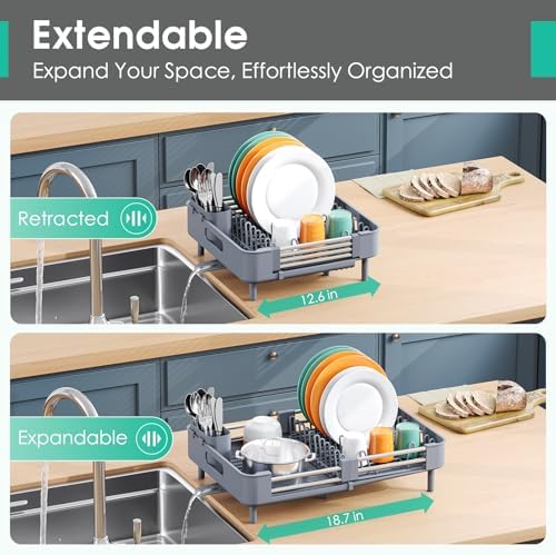 TOOLF Expandable Dish Drying Rack for Kitchen Counter, Standard, Grey - Image 2