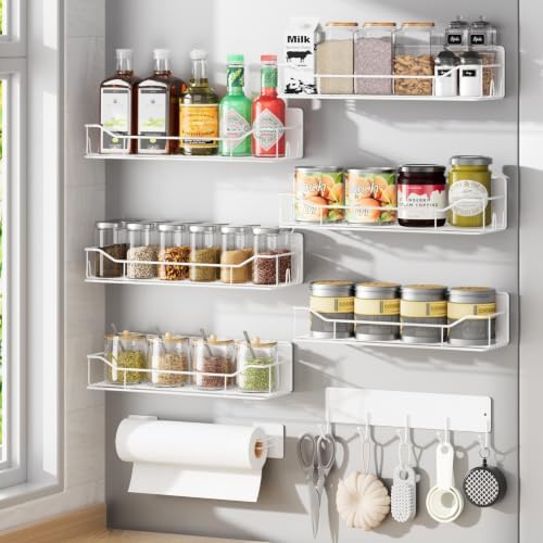 Magnetic Spice Rack for Refrigerator, 9 Pack Magnetic Fridge Shelves W/Adjustable Paper Towel Holder, Hook Rack, Moveable Spice Organizer Shelf for Kitchen Organization and Storage (White) by IYEBAU