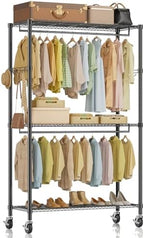 Simple Deluxe Rolling Clothes Rack, Heavy Duty Clothing Rack, 3-Shelf Portable Adjustable Wardrobe Closet with Wheels, Hanging Rods & Side Hooks, 43.3" W x 17.7" D x 80.3" H, Black by SimpleDeluxe