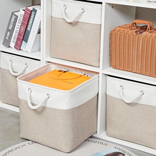 13 x 13 Inch Cube Storage Bins,Storage Cubes for Shelves，Foldable Organizer Boxes with Handles, Decorative Storage Basket for Organizing Clothes, Toys, Books(White&Beige) - Image 4