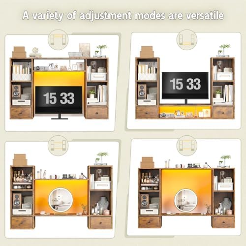 REIBII 47.2" Desktop Bookshelf, 6 Shelves & 2 Drawers, LED Lights, Brown - Image 6