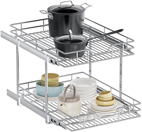 2-Tier Pull Out Cabinet Organizer, 19.5" W x 21.5" D, Heavy Duty Dual Slide Out Shelves for Base Cabinets, Chrome Wire Basket Drawer for Pantry, Kitchen & Bathroom Storage by Unknown