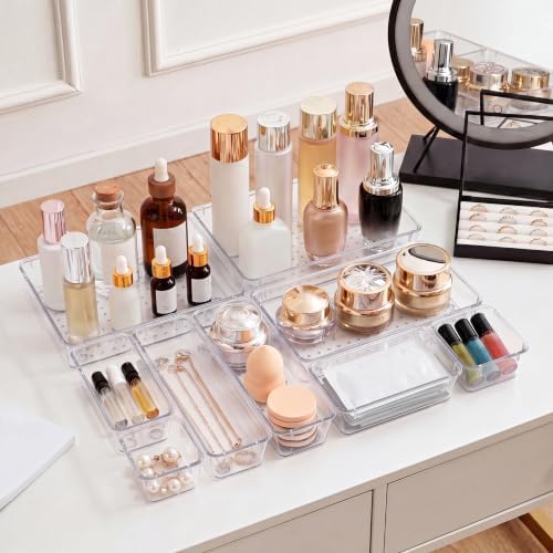 44 Pcs Makeup Drawer Organizer Set, 4 Sizes Versatile Vanity Drawer Organizer for Makeup, Non-Slip Desk Organizer Trays for Bathroom, Bedroom, Office, Fits Jewelry and Office Supplies - Image 3