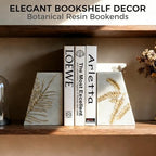 Heavy Duty Book Ends for Shelves, Decorative Book Ends for Heavy Books, Resin Modern Bookends with Marble Texture & Gold Botanical Detail, Minimalist Bookends for Home Decor, Set of 2 - Image 2