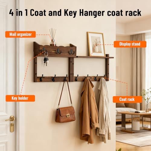 28" Coat Rack Wall Mount with Shelf with 7 Hooks 3 Key Hanger - Image 3