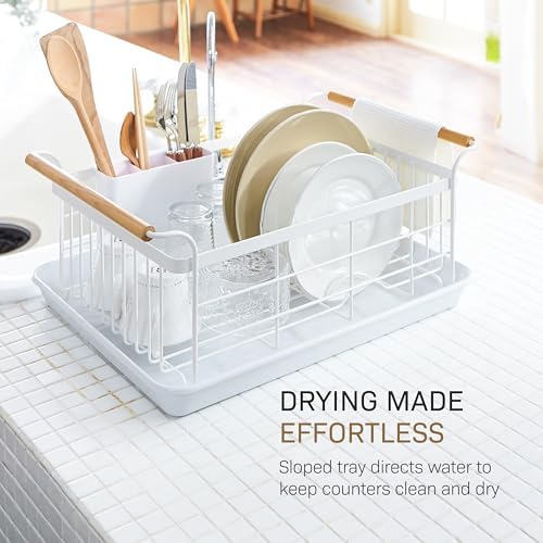 YAMAZAKI Home Dish Drying Rack – Modern White Dish Rack for Kitchen Counter with Removable Drying Tray and Cutlery Holder, Steel + Wood Dish Drying Organizer - Steel + Wood - - Image 5