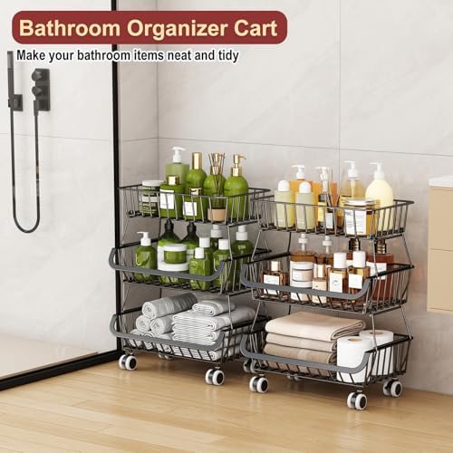 3-Tier Rolling Pantry Cart with Wheels, Stackable Wire Storage Floor Organizer for Kitchen Pantry Snack Shelves, Fruit Basket Stand, Vegetable Storage Rack for Food Snacks Onion Potato, Black, 2 Pack - Image 6