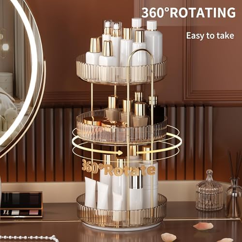 YCIA&DONE 360 Rotating Makeup Organizer and Storage for Vanity Countertop 3 Tiers, High Capacity Cosmetic Skincare Perfume Organizers for Dresser Bathroom Lazy Susan (Amber Gold) - Image 2