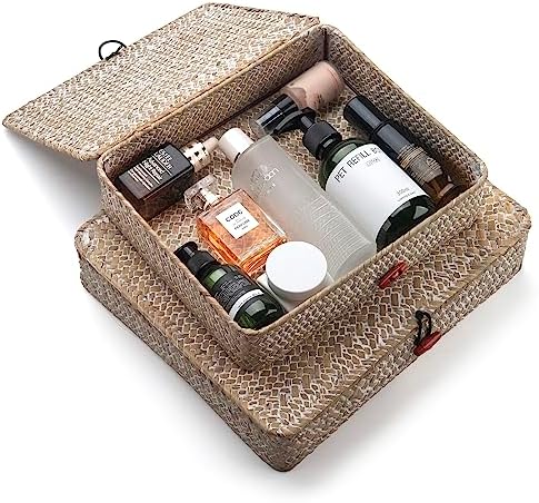 Whitewash Seagrass Basket with Lid Rectangular Decorative Storage Boxes for Shelf Organize Snack Toys Set of 2 (Large+Small) - Image 3