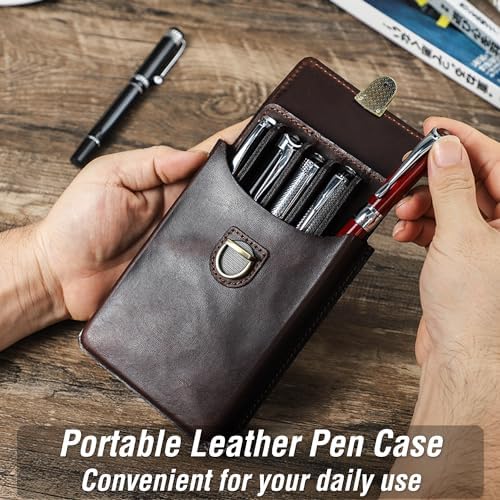 Top Grain Genuine Leather 5 Pen/Pencil Tray Case Organizer, Solid Vintage Design No Logo, Handmade, Brass Plug-in Lock with Drawer, Gift Choice for Man/Woman/Office, Glossy Coffee, 5 Slots - Image 4