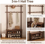 AQIMUELE Hall Tree, Coat Rack with Shoe Storage, Wooden Hall Tree with Bench, 11 Hooks and 2-Tier Storage Shelves, Entryway Bench with Coat Rack (31.5" - Deep Walnut) - Image 3