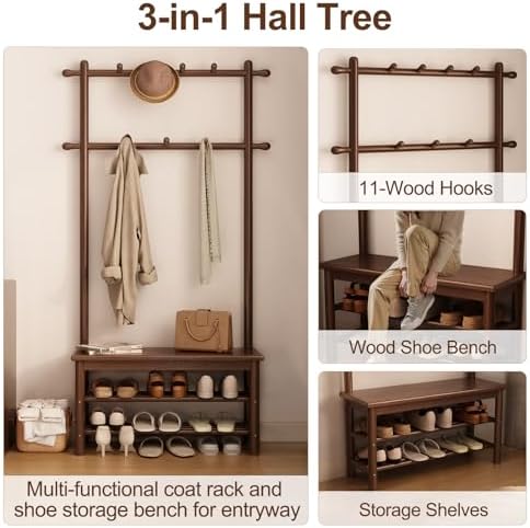 AQIMUELE Hall Tree, Coat Rack with Shoe Storage, Wooden Hall Tree with Bench, 11 Hooks and 2-Tier Storage Shelves, Entryway Bench with Coat Rack (31.5" - Deep Walnut) - Image 3