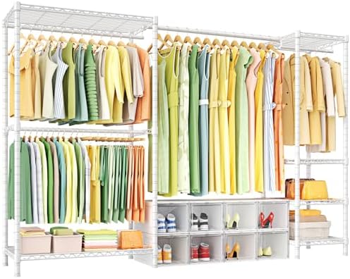 Ulif E10 Clothes Rack（With Stretchable Hanger Rod）Freestanding Clothing Racks for Hanging Clothes，Adjustable Closet Organizer System，Portable Garment Rack 73-97"W x 15" D x 72" H，Max Load 800LBS，White by Ulif