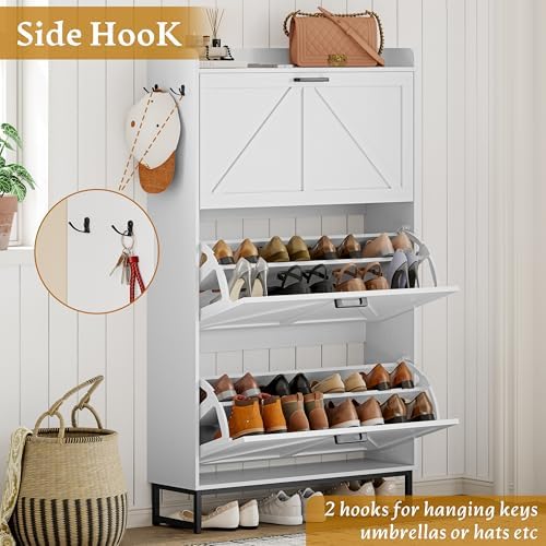 Wodeer Shoe Cabinet Storage for Entryway, Shoe Storage Cabinet with 4 Flip Drawers, Freestanding Narrow Shoe Rack Organizer with Metal Legs, Adjustable Shelves & Open Storage for Foyer, Hallway, White - Image 6