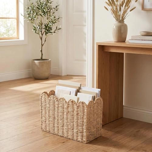 Scalloped Magazine Holder, Hand-wowen Paper Rope Book Holder, Wicker Mail Organizer, File Storage for Bedroom, Narrow Floor Basket for living Room, Office - Image 5