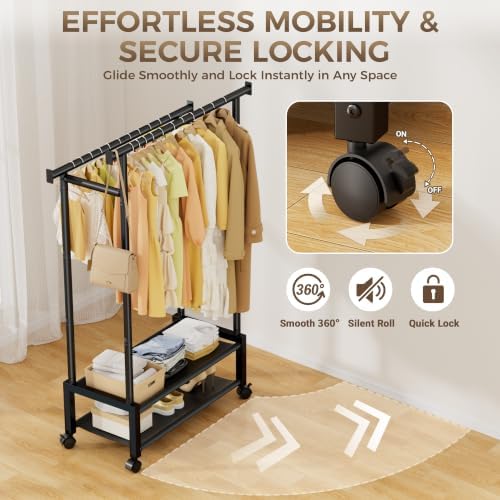 Double Rod Clothing Rack with 2 Shelves, Rolling, Black - Image 6