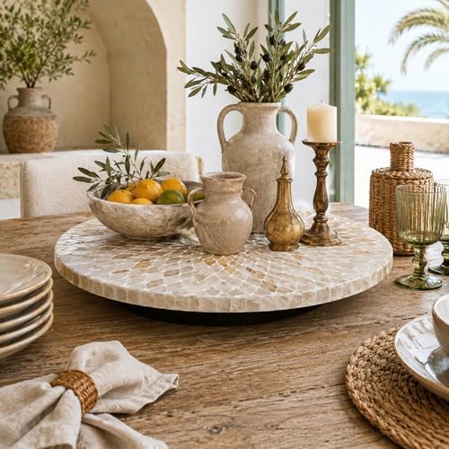 i-lan 18 Inch Mother of Pearl Lazy Susan Turntable, Large Decorative Round Rotating Tray for Dining Table, Kitchen Countertop, Cabinet, Island and Tabletop, Champagne Gold - Image 6