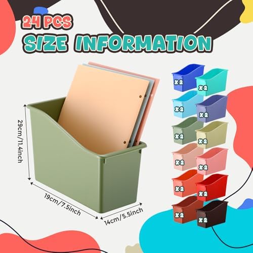 Teling 24 Pcs Plastic Book Bins Bulk for Classroom Interlocking Magazine Holder Organizer Folder Binder Storage Container Box with Name Labels for School Office Home Supply (Retro Earth Tone) - Image 2