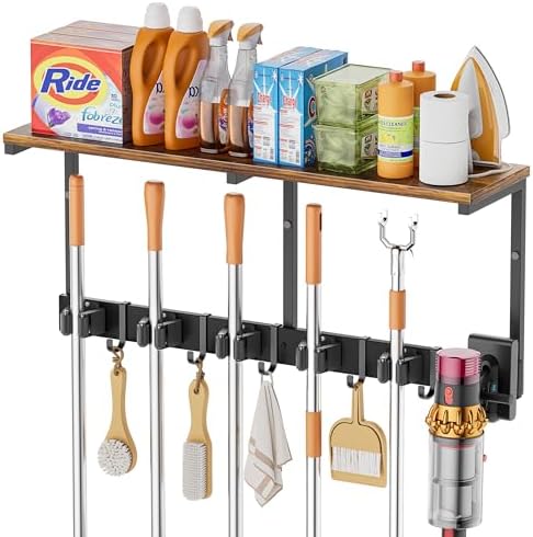 Broom Holder Wall Mount with Cleaning Supplies Organizer, Laundry Room Organization and Storage Shelves with Mop Hanger Rack Gripper Hooks, Utility Shelf Closet Organizer for Home Garage Kitchen by Olakee
