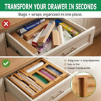 Bag Storage Organizer for Kitchen Drawer and Plastic Wrap Dispenser with Cutter, 6 In 1 Large Capacity Bamboo Foil and Plastic Bag Food Baggie Organizer for Snack, Sandwich, Gallon, Quart - Image 3