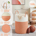 Laundry Basket,Woven Cotton Rope Laundry Hamper,100L for Decor Storage of Dirty Clothes,Toys and Blankets in Bathroom,Baby Room and Living Room - Image 2