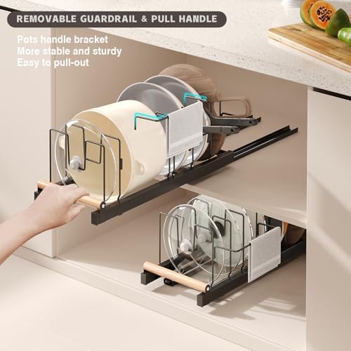 Magheo 2 Pack Pull Out Pots and Pans Organizer Under Cabinet, 22" Deep Expandable Pot Lid Organizer and Storage with 10 Adjustable Dividers Adhesive Pot and Pan Holder Rack with Handle Bracket(Black) - Image 3