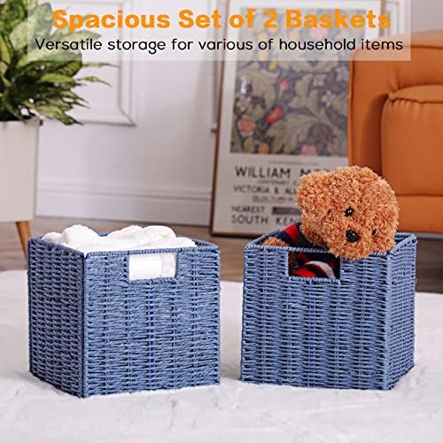 Vagusicc Wicker Basket, Set of 2 Hand-Woven Paper Rope Storage Baskets for Organizing, Foldable Cubby Storage Bins, 9 Inch Small Wicker Storage Basket, Square Baskets Cube Storage Organizer Bins, Blue - Image 5