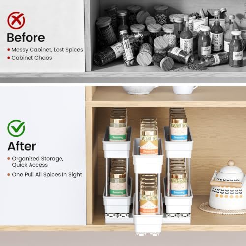Mystozer Pull Out Spice Rack Organizer for Cabinet, Slide Out Spice Racks Organizer, Easy to Install Spice Cabinet Organizers, 8.5''Wx10.5''Dx8.3''H, 3 Drawers-2 Tiers (White) - Image 6