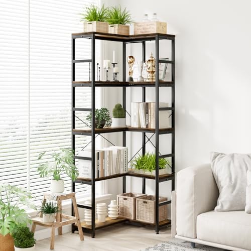 NUMENN 5-Tier Corner Bookshelf, 27"L*23"W*66''H L-Shaped Bookcase, Vintage - Image 4
