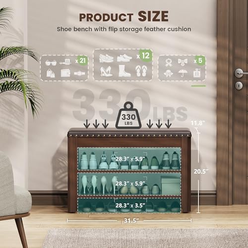 Shoe Bench for Entryway, Solid Rubberwood Shoe Bench with Hidden Storage, Adjustable 2-Tier Shelves & Soft PU Leather Seat, Shoe Rack Durable Easy Assembly for Hallway or Bedroom - Brown, 31.5" - Image 3