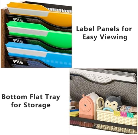 6-Tier Wall File Organizer with Bottom Tray, Ironwood Mail Organizer Wall Mounted with Metal Mesh, Document Organizer for Paper, Folder, Magazine, Office Desk Accessories for Home Cubicle Countertop - Image 3