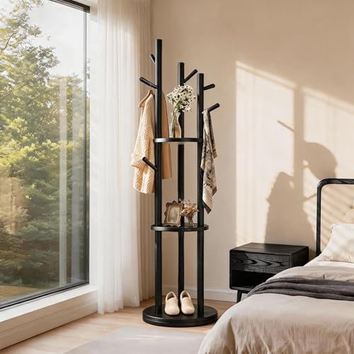 Solid Wood Rotary Coat Rack, Coat Rack Freestanding with 3 Storage Shelves & 9 hooks, Coat Tree for Entryway, Livingroom, Bedroom, Coat Hanger Stand for Coats, Scarves, Handbags, Hat (Black) - Image 2