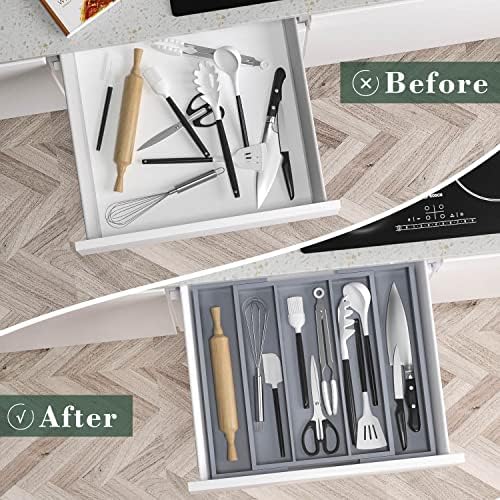 Large Kitchen Utensil Drawer Organizer - Expandable 5 Slots Cooking Utensil Organizer Multipurpose Silverware Organizer for Storage Repair Tools, Painting Tools W13.7"-19.9" x L17.6" X H2.5" (Grey) - Image 4