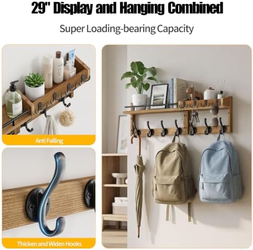 29” Coat Rack Wall Mount with Shelf, Coat and Key Hanger with Metal Hooks - Image 3