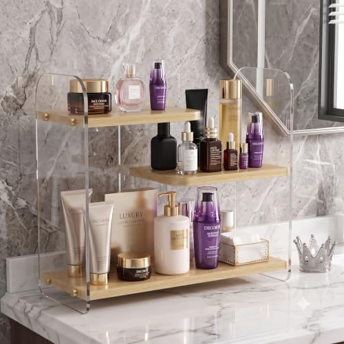 3-Tier Acrylic & Wood Bathroom Vanity Countertop Organizer Shelf by Gihkasd