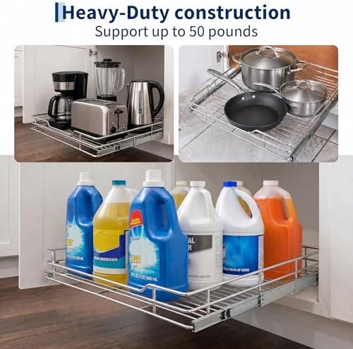 Garvee Pull Out Cabinet Organizer, 12" W X 21" D, Heavy Duty Slide Out Kitchen Organizers and Storage, Full-Extension Roll out Shelf and Drawer for Pots, Pans & Under Sink Storage, Chrome Finish - Image 7
