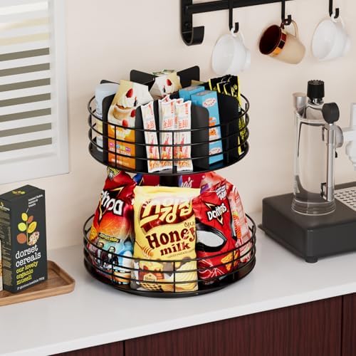 Snack Organizer - Versatile Snack Storage 2 Tier Lazy Susan with Convenient Grab-and-Go Design, Metal Snack Holder for Home, Office, Breakroom, 11.85" L x 11.85" W x 13.3" H (Matte Black) - Image 5