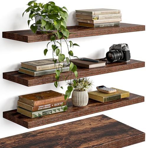 YUFLINX 23’’Rustic Brown Floating Shelves for Wall,Rustic Wood Shelf for Room Decor/Storage/Display,Small Bookshelf,Wall Mounted Hanging Shelves for Bedroom, Bathroom, Living Room, Kitchen,Set of 4 by Unknown