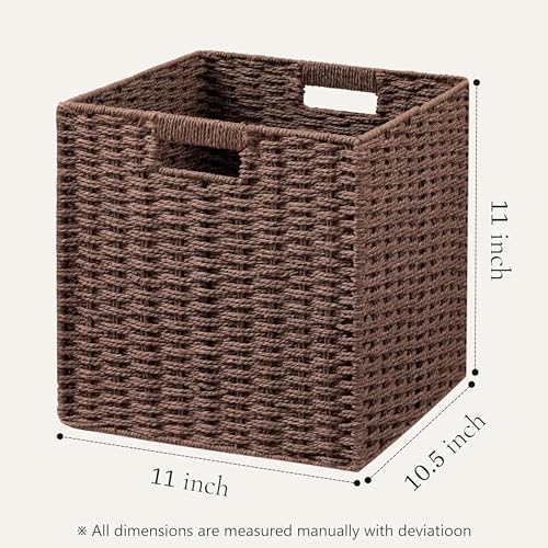 UBBCARE 2 Pack Wicker Basket, 11L×11H×10.5W inch Woven Paper Rope Storage Baskets for Shelves, Foldable Cube Storage bin with Handle, Storage Basket for Organizing & Decor, Brown - Image 2