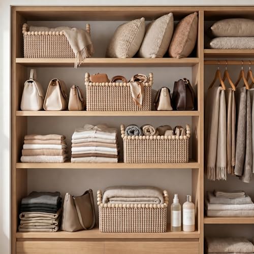 Boho Wicker Storage Baskets for Shelves: Set of 3 Woven Decorative Storage Bins with Handles, Stackable Seagrass Shelf Baskets for Organizing, Wicker Basket for Bathroom, Bedroom, Closet, Pantry - Image 4