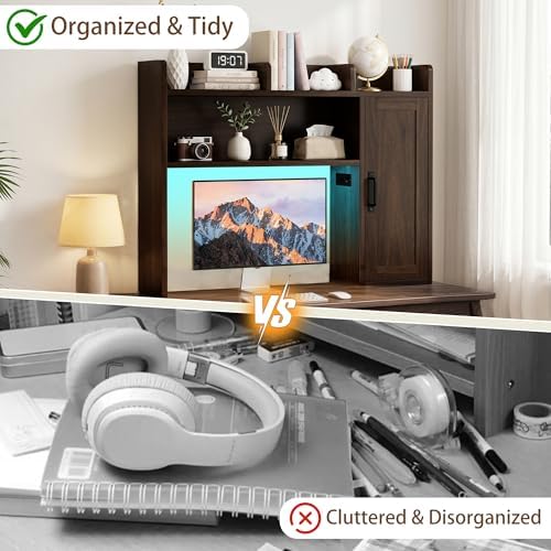 Desktop Bookshelf, Desk Hutch with RGB LED Lights & Power Outlets - Image 5
